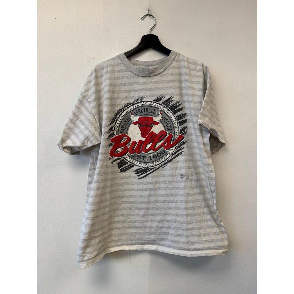 Vintage Chicago Bulls Shirt Mens Large Gray Striped NBA Basketball Made USA 90s‎